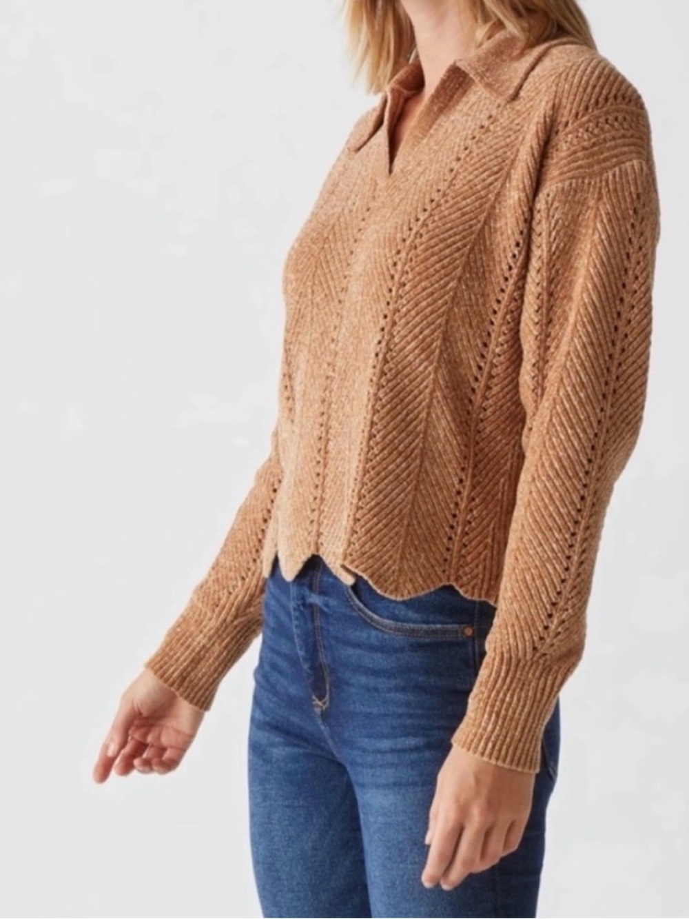 Michael Stars Collared Pointelle Chenille Sweater Camel Brown Size Medium
